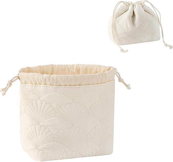 RSRSLEII Quilted Cotton Coquette Drawstring Makeup bag, Coastal Granddaughter Aesthetic Cosmetic Bag, Cute Seashell Portable Travel Toiletry Pouch (Drawstring White) by RSRSLEII