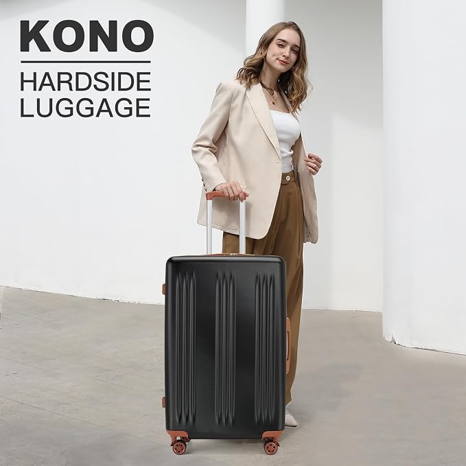 Kono Lightweight 28 Inch Expandable Luggage with Quiet Spinner Wheels TSA Lock, Scratch and Drop Resistant PC+ABS Hardside Durable Large Checked Suitcase, Black & Brown - Image 2