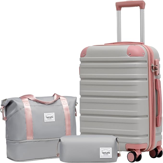 TAKUMI Carry On Luggage Set 3 Piece ABS+PC Hardshell Suitcases with Duffel Bag Double Spinner Wheels Travel Luggage with TSA Lock Lightweight Suitcase Set(GREY PINK, 3 PIECE SET(20/DB/TB)) by TAKUMI