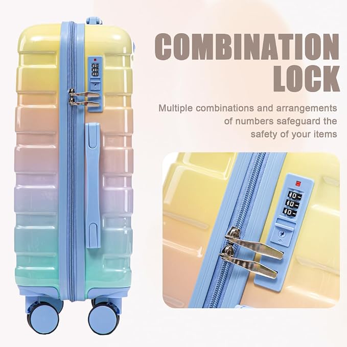 Gradient Color Suitcase 2-Piece Set, 20" Rotating Wheel Suitcase with 14" Cosmetic Case, Lightweight Durable Hardshell Luggage with 360° Spinner Wheels for Travel, Women & Girls (Blue+Yellow) - Image 4