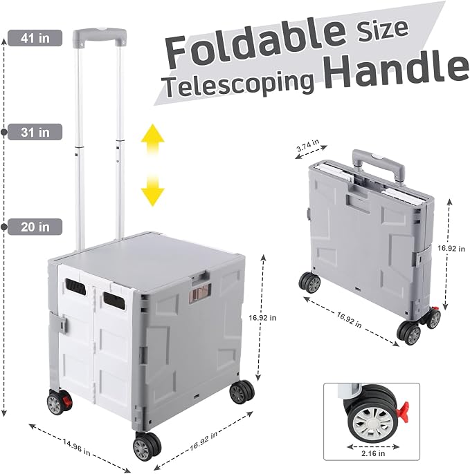 FELICON Folding Utility Cart Rolling Crate Handcart Basket Tote-Gray+White | Collapsible Hidden Lid,Plastic Box,Telescoping Handle,4 Rotate Wheels for Travel Shop Move Grocery Laundry Office Teacher Use - Image 3