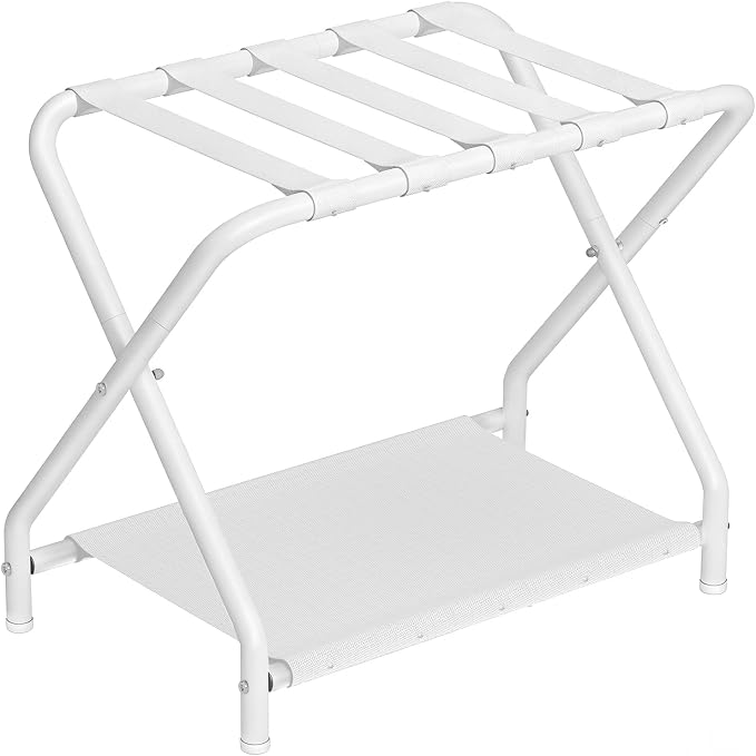 HOOBRO Luggage Rack, Folding Suitcase Stand with Fabric Storage Shelf for Guest Room, Bedroom, Hotel, Holds up to 100 lb, 27 x 15.3 x 22 Inches, Space Saving, White WT04XL01 by HOOBRO