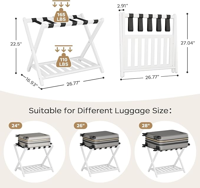 Luggage Rack for Guest Room - Set of 2 Full Assembled 26.77" L Luggage Rack Stand for Suitcases, Foldable Luggage Holder with Shoe Shelf for Bedroom, Hotel (White Bamboo Suitcase Stands) - Image 2