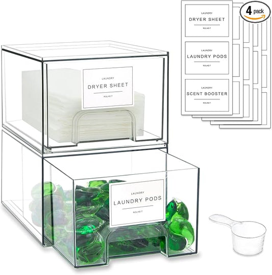 4 Pack Laundry Room Organization Storage Drawers with Labels, Clear Stackable Dryer Sheet Holder and Pod Containers, Detergent Dispenser for Laundry Room Organizing and Decor by Rolheit