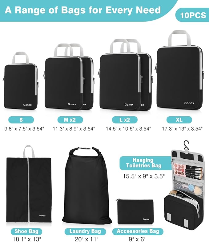 Gonex 10 Set Compression Packing Cubes, Expandable Storage Travel Bags for Suitcase, Luggage Organizers with Hanging Toiletry Bag Laundry Bag Shoe Bag Accessories Bag (Black) - Image 3