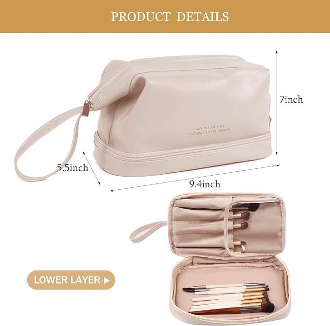 Abiudeng Large Capacity Makeup Bag Ladies Cosmetic Bag Travel Bag with Compartments Portable PU Leather Travel Makeup Bag with Handle - Image 2