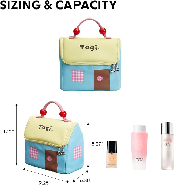 Tagi. Signal House Large Capacity Travel Makeup Bag, Waterproof PVC Cosmetic Bag for Women, Wide-Open Flat Pouch for Brushes & Skincare, Portable Organizer with Handle & Dividers - Image 3