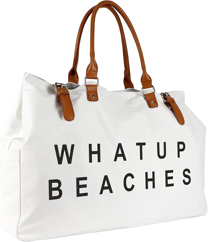 Lamyba Beach Bag with Vegan Leather Handle, Extra Large Beach Bag for Women Waterproof Sandproof, White | with Vegan Leather Handle - Image 4