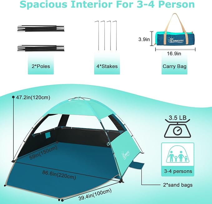 COMMOUDS Beach Tent Sun Shelter for 3/4/6/8 Person, UPF 50+ UV Protection Beach Shade Canopy Tent, Lightweight, Easy Set Up and Carry - Image 2