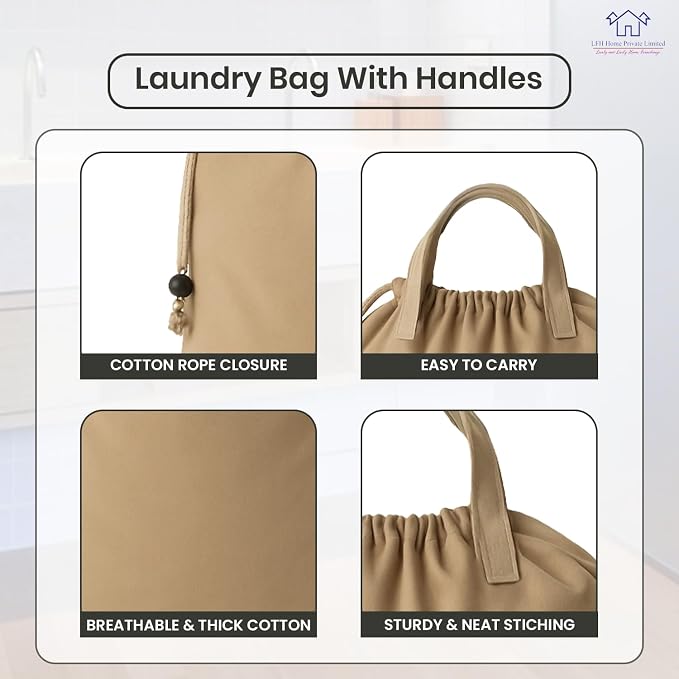 LFH Home Large Premium Cotton Rich Canvas Laundry Bag with Drawstring and Handles Heavy Duty, Multi-Use, and Washable for Home, Travel, College or Storage 20x30 (Pack of 2)-Beige - Image 3