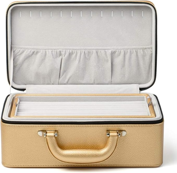 Oirlv Gold Leather Jewelry Box Handmade Travel Jewelry Organizer Storage Case Holder For Girl Lady Earring,Ring,Necklace,Pendant,Watch,Bracelet.(3 layers) - Image 3