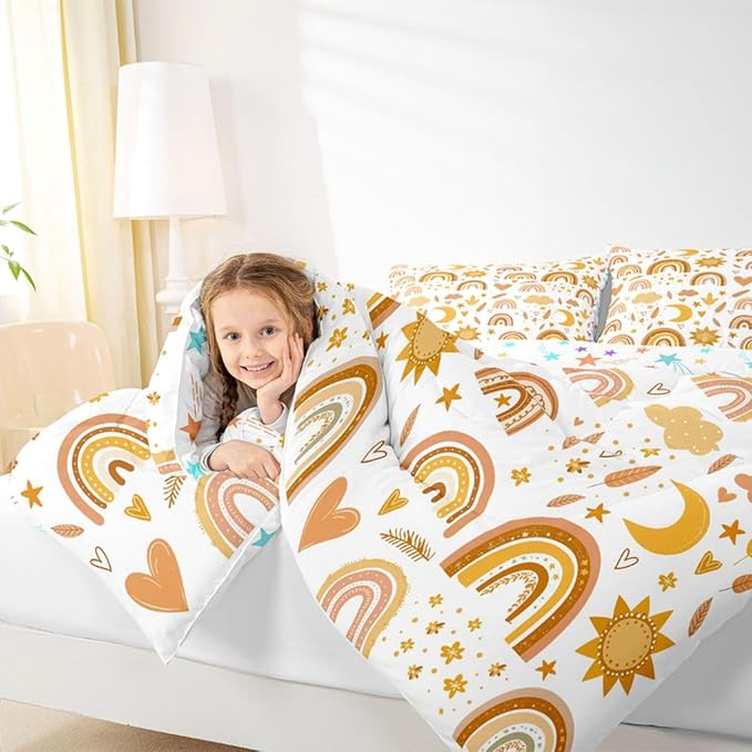 Rainbow Comforter Set, Sun Moon And Stars Duvet Insert Full Size For Kids Girls Boys Teens Bedroom Decor, Bohemian Dream Catcher Feather Down Comforter Iridescent Branches Cartoon Quilt, Gold Yellow - Image 6
