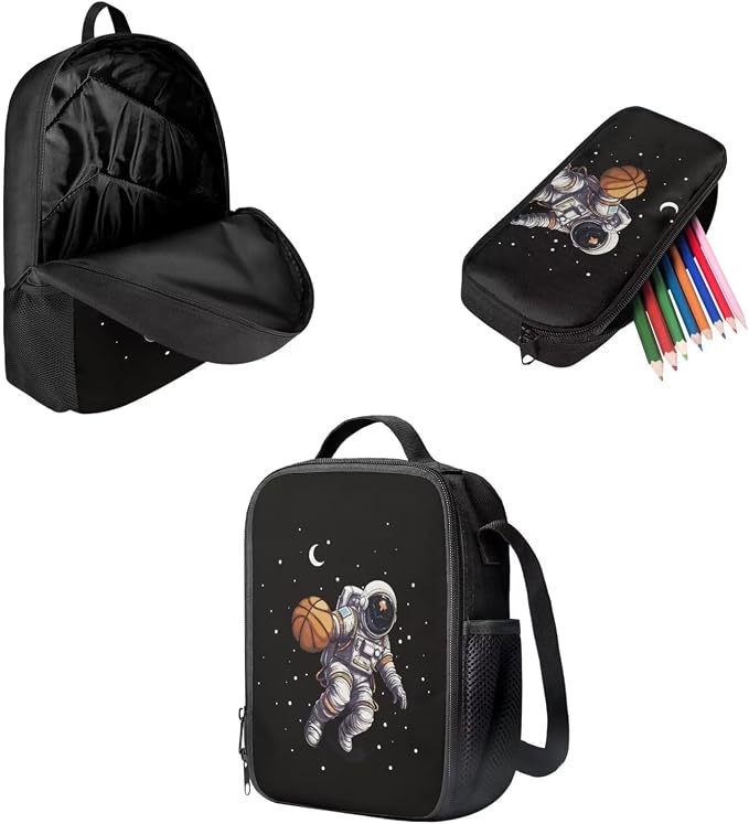 Mumeson Astronaut Basketball Backpack School Bags Set for Teenagers Boys Backpack Book Organizer Shoulder Bag + Lightweight Lunch Tote Bag + Portable Pouch Pencil Case - Image 2