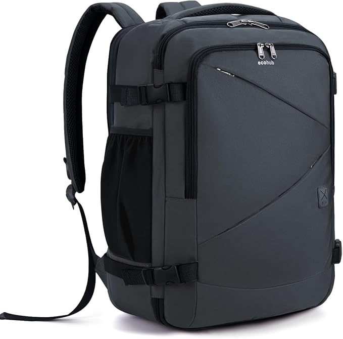 ECOHUB Carry On Travel Backpack, Expandable Airlines Personal Item Bag 18x14x8, Water Resistant 17 inch Laptop Backpack Flight Approved, 12 Pockets 30L Work Backpacks with Wet Pocket Cable Slot, Grey by ECOHUB