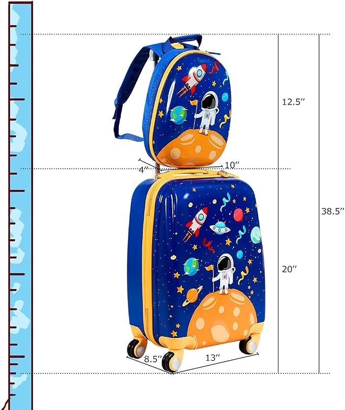 HONEY JOY Kids Luggage, 12" Toddler Backpack & 18" Travel Suitcase with Wheels, Lightweight Toddler Suitcase, Durable ABS Hardshell, 2Pcs Carry On Luggage Set for Boys Girls, Blue Astronaut - Image 7