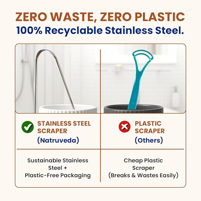 Tongue Scraper for Adults with Herbal Toothpaste, 100% Stainless Steel, Reduce Bad Breath, Tongue Scrubber, Easy to Use, Tongue Cleaner for Oral Care & Hygiene (Stainless Steel Tongue Scraper, 3 Pack)