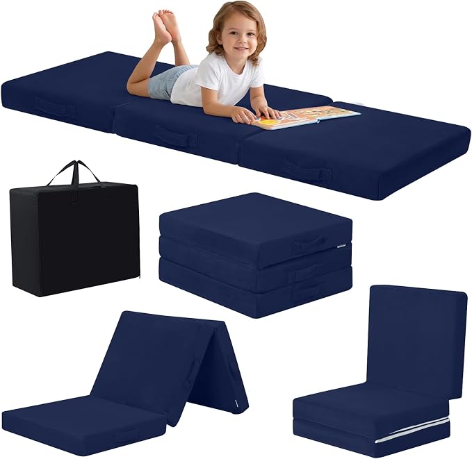MeMoreCool Foldable Floor Mattress for Kids Trifold, 57x22 Inch Navy | Trifold futon floor mattress for playroom, reading nook and travel, washable by MeMoreCool