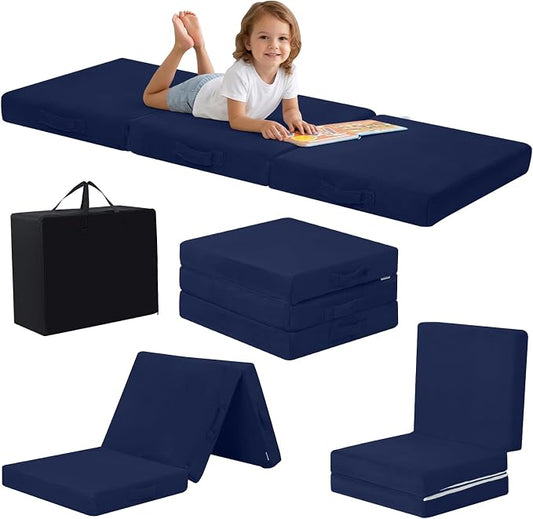 MeMoreCool Foldable Floor Mattress for Kids Trifold, 57x22 Inch Navy | Trifold futon floor mattress for playroom, reading nook and travel, washable by MeMoreCool