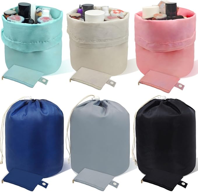 INVODA Drawstring Makeup Bag 6PCS Women Cosmetic Bag Bulk Make up Bags Portable Barrel Toiletry Bag Large Toiletries Pouch Travel Cosmetic Organizer (6PCS) by INVODA