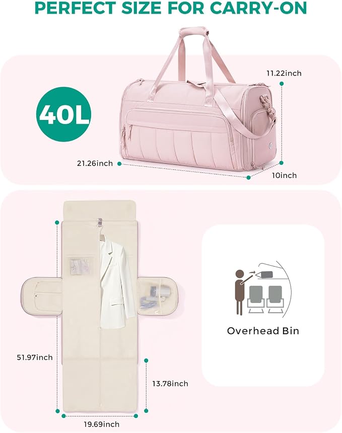 WANDF Convertible Garment Bags for Travel with Wet Pocket Carry on Garment Duffle Bag 2 in 1 Puffy Hanging Clothes Travel Bags with Shoe Compartment for Airplanes Business Weekend Gym Wedding (Pink) - Image 6