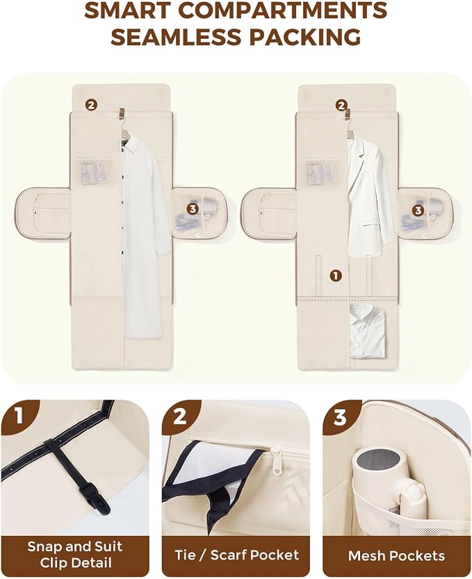 WANDF Convertible Garment Bags for Travel with Wet Pocket Carry on Garment Duffle Bag 2 in 1 Puffy Hanging Clothes Travel Bags with Shoe Compartment for Airplanes Business Weekend Gym Wedding (Khaki) - Image 2