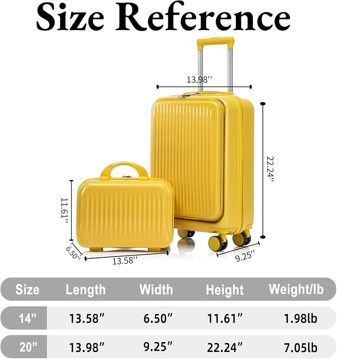 2 Pcs ABS Spinner Luggage Set - 14" Cosmetic Case & 20" Carry-On with Combination Lock, Front Opening Design, Yellow - Image 7