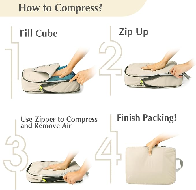 Gonex Compression Packing Cubes, 6pcs Expandable Storage Travel Luggage Bags Organizers with Shoe Bag, Clear Toiletry Bag (Cream) - Image 7