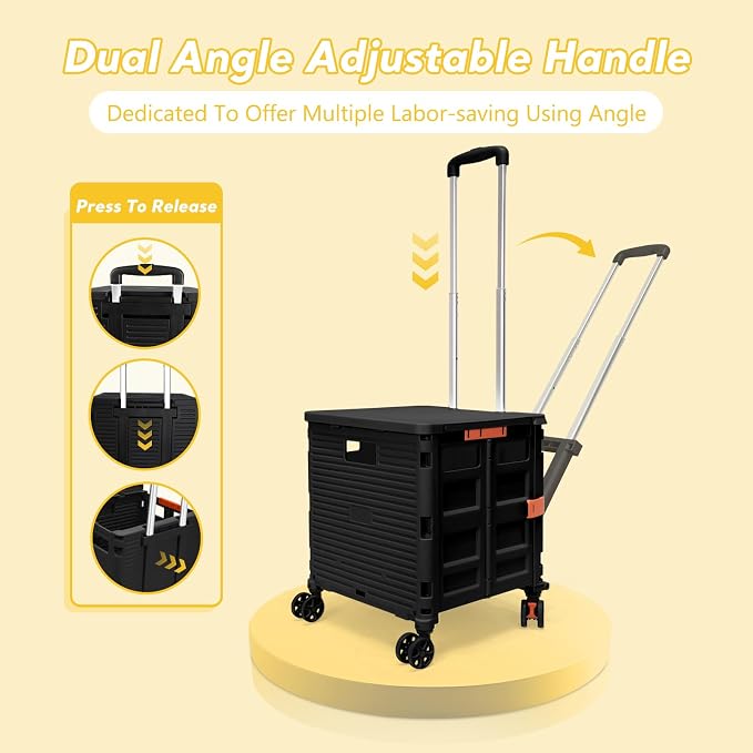 FELICON SELORSS Folding Utility Cart Portable Rolling Crate Handcart-Black | Adjustable Handle+Extended Magnetic Lid,Storage Basket Box,4 Swivel Wheels Tote for Teacher Move Shop Travel Grocery Office - Image 2
