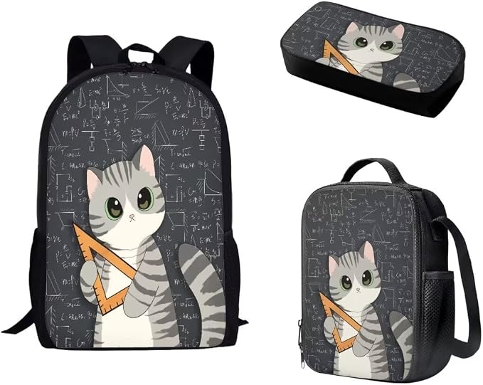 Mumeson Child Backpack Cartoon Cat Print Bookbag Rucksack Schoolbags for Teen Boys Back to School Book Bags Set T-Rex School Bags with Insulated Thermal Lunch Box and Portable Pencase by Mumeson