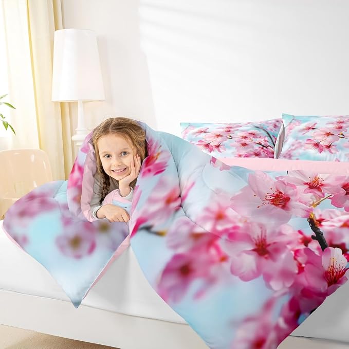 Erosebridal Cherry Blossoms Comforter Set Queen Size, Japanese-Style Floral Duvet Sets, Pink Flower Pattern Bedding Set for Kids Girls Teens Adult Bedroom, Romantic Bedding Comforters - Image 5
