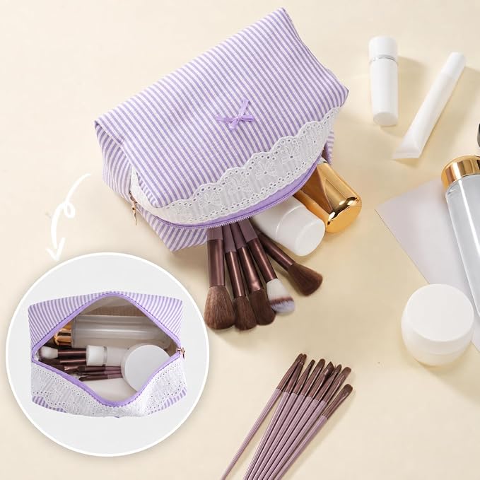 Makeup Bag Travel Toiletry Bag for Women, Small Cosmetic Bags with Lace Trim Cute Purple Stripe Aesthetic Organizer Makeup Pouch for Purse Emergency Bag Pencil Case Accessory Bag - Image 5