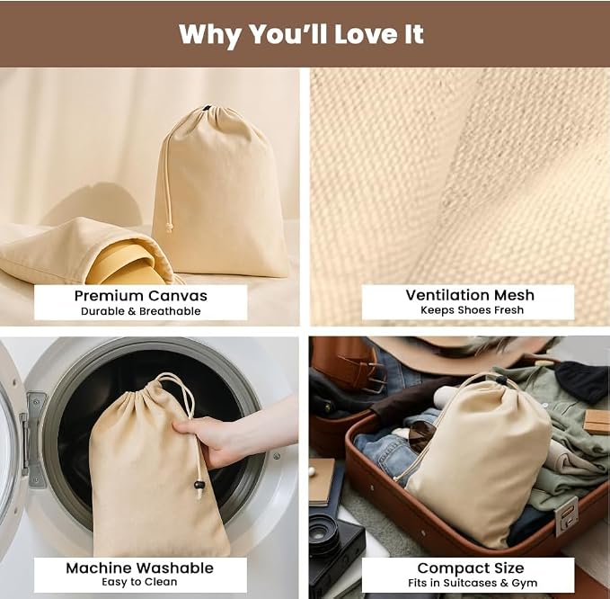 LFH Cotton Rich Shoe Storage Bags with Drawstring, Dustproof Breathable Reusable Organizer, Perfect For Travel, Dorm, Hotel, College, Gym, Easy to Carry, 8"x17" (Pack of 2) - Natural Thanks Giving - Image 3