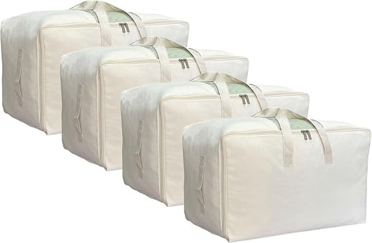 DoYiKe Soft Large Canvas Storage Bags with Zipper and Clear Window, Cotton Linen Storage Organizer for Pillows, Quilt, Blankets and Comforter, 80L, 4 Pack, Beige by DoYiKe