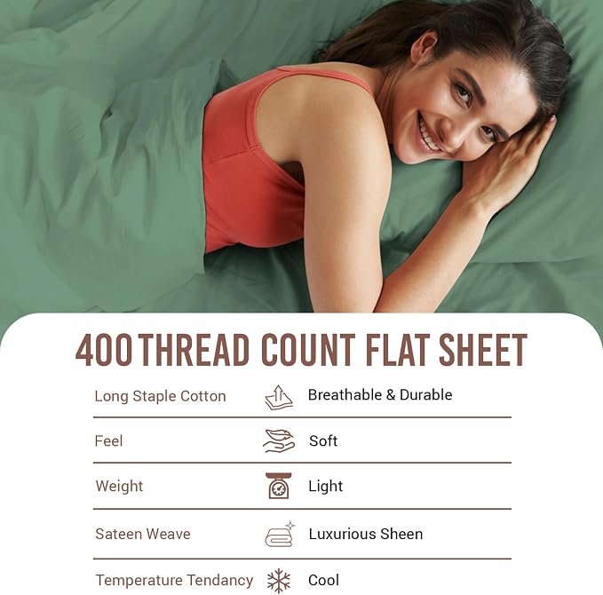 Pizuna Pure 100% Cotton Flat Sheets Only King Hedge Green (1 PC), Luxurious 400 Thread Count Long Staple Cotton Sateen with 4" Hem (Combed King Flat Sheet Only Cotton) - Image 4