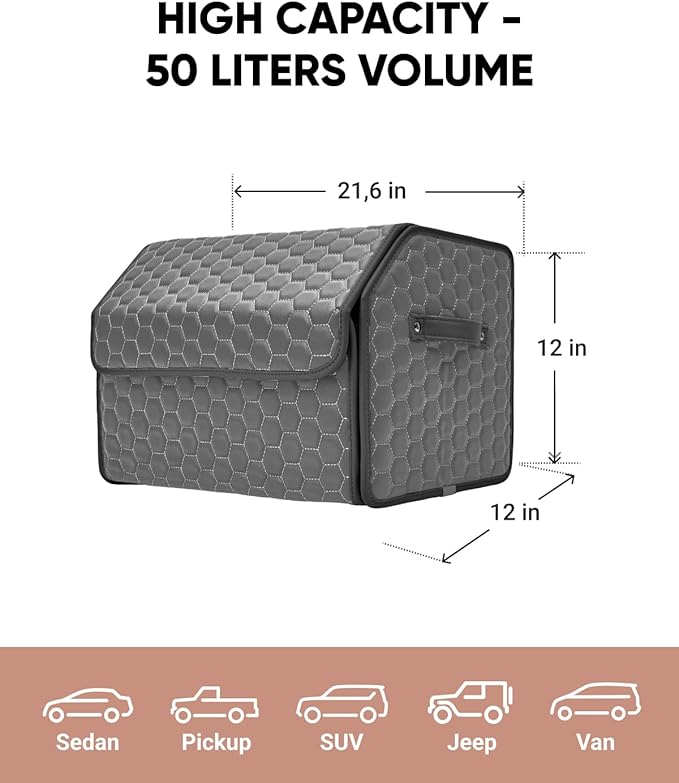 Owleys Foldable Trunk Organizer For Car - Trunk Organizers Car Storage - Collapsible Auto Trunk Organizer With Lid - Small And Large Cargo Organizer - Trunk Organization (Gray 21) - Image 2