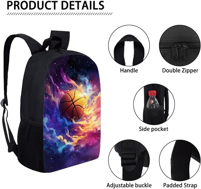 Galaxy Basketball Print 3Pcs School Bag Backpack Set for Teen Girls, Elementary Middle Kids Bookbag Durable Lightweight Knapsack with Lunch Box Pencil Case, Large School Bookbag Set - Image 4