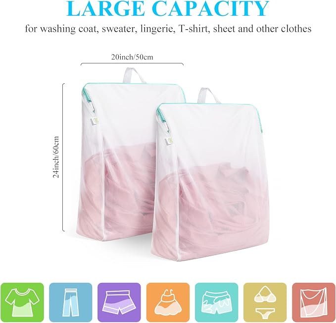 OTraki Large Mesh Laundry Bags, 20 x 24 inch Net Laundry Bags, Reusable Laundry Bags with Zips, Washing Bag with Handles for Washing Machine Delicates Clothes College Dormitories Apartments (2 Packs) - Image 2