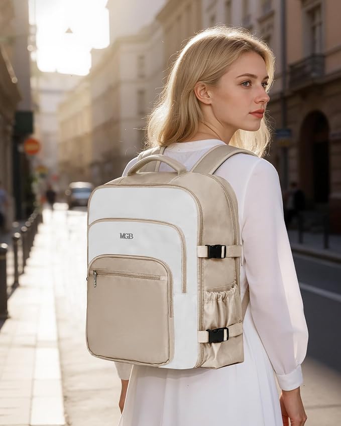 Travel Backpack for Women & Men, Carry On Personal Item Bag Flight Approved, Large Waterproof Laptop Backpack for Travel, Overnight, College & Commuting Beige-White - Image 8