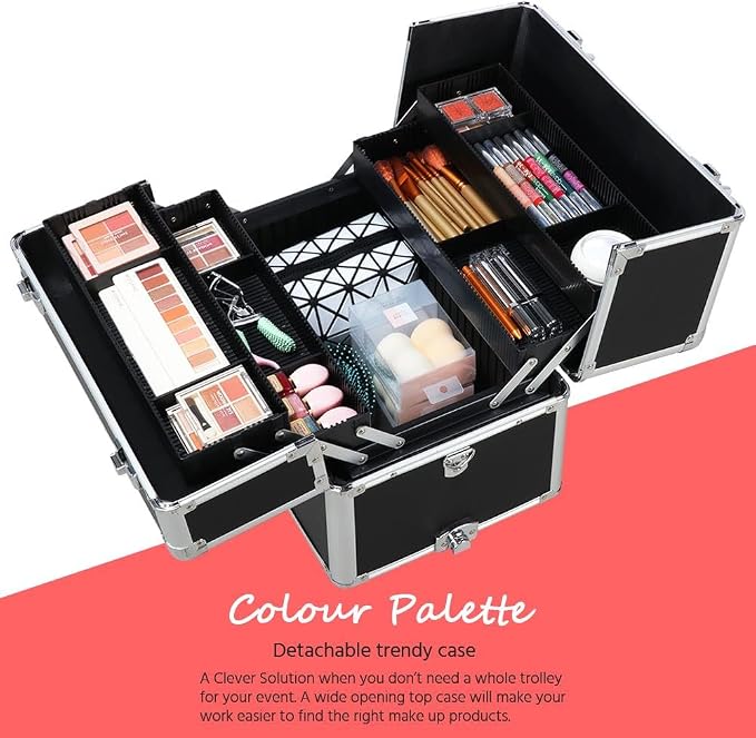 Yaheetech Rolling Makeup Train Case, Cosmetology Nail Organizer, Black | Aluminum frame and PVC shell hold a full 66 lb kit; movable dividers organize every tool, and it splits to travel on wheels - Image 5