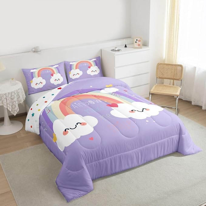 Erosebridal Rainbow Comforter Set for Kids, Cartoon Cloud Down Comforter Full Size Kawaii Rainbow Bedding Set for Girls Boys Teens Women, Cute Love Heart Duvet Sets for Bedroom Decor, Purple - Image 6