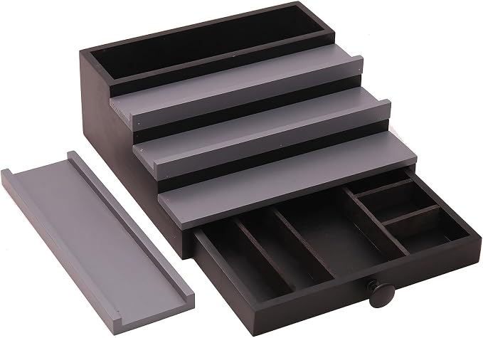 4 Tier Men's Cologne Organizer, Black Gray Wood Display Stand with Drawer | Tiered Cologne Shelf Rack, mens perfume holder, cologne collection, Hidden Storage, Dresser Fragrance Display, Gift for Men - Image 6