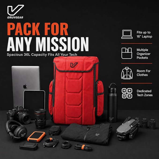 Gruv Gear Travel Laptop Backpack, 36L Red Tech Backpack with Modular Storage Shelves, Dual Access Pockets & TSA-Friendly Design, Large Carry-On Backpack for Work, Travel & Gear Organization - Image 5