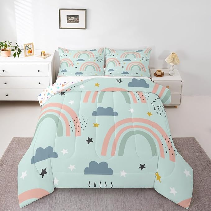 Rainbow Comforter Set For Girls, Cartoon Stars Cloud Quilt Kawaii Decor, Cute Rainbow Ripple Down Comforter For Kids Boys Child Women, Iridescent Stripes Bedding Set With 1 Pillow Case, Twin Size by Erosebridal