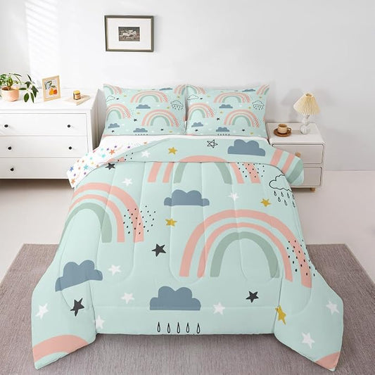 Rainbow Comforter Set For Girls, Cartoon Stars Cloud Quilt Kawaii Decor, Cute Rainbow Ripple Down Comforter For Kids Boys Child Women, Iridescent Stripes Bedding Set With 1 Pillow Case, Twin Size by Erosebridal