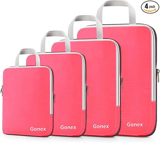 Gonex Compression Packing Cubes, 4pcs Expandable Storage Travel Luggage Bags Organizers (Bright Pink) by Gonex