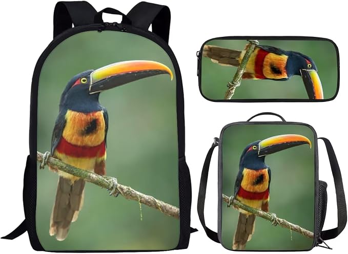 Girls Boys School Backpack with Lunch Box Pencil Case Comfy Padded Lightweight Bird Aracari Backpack Set Kids Cute Bookbag Insulated Lunch Bag Student Large Capacity Daypack 17 Inch - Image 2