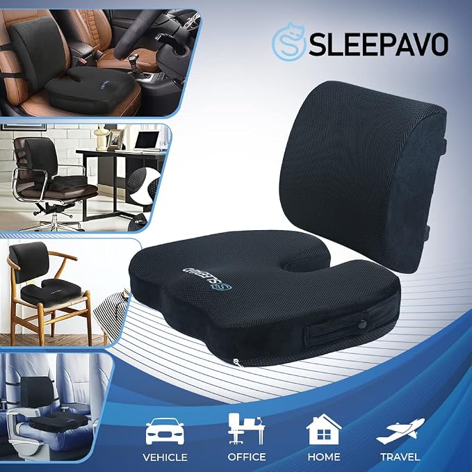 Sleepavo Memory Foam Seat Cushion for Office Chair-Orthopedic Back and Butt Pillow for Sciatica Tailbone Coccyx Hip Pain Relief for Sitting, Gaming, Desk, Car, Airplane-Padded Lumbar Support Pillow - Image 2