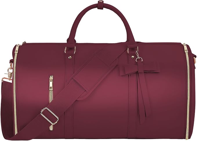 Garment Bags for Travel, Convertible Suit Travel Bag for Women, Stylish Carry On Garment Bag with Toiletry Pocket, Shoulder Strap and Shoes Compartment, 2 in 1 Foldable PU Leather Duffle Bag, Sangria by STHMEOOHT
