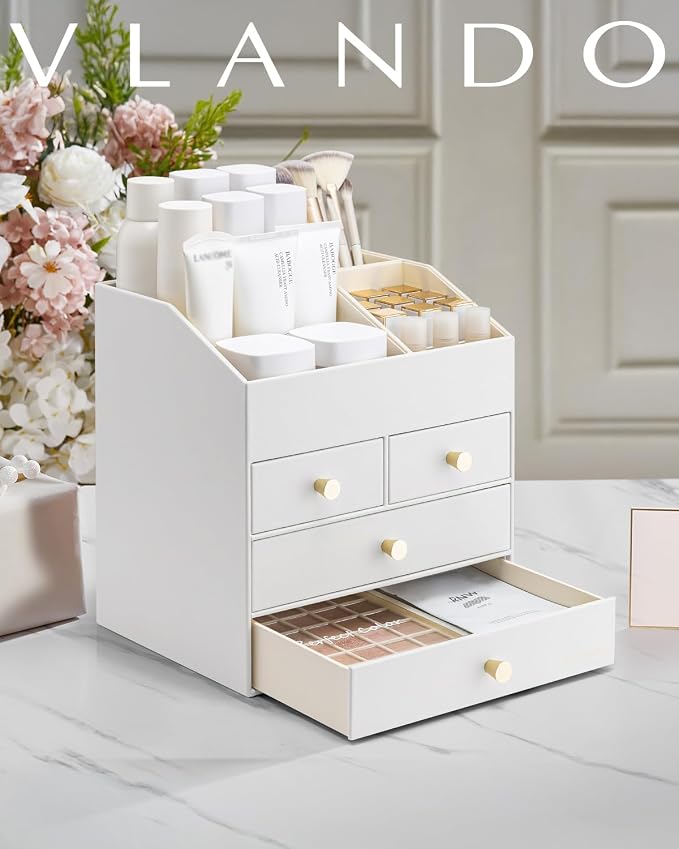 VLANDO Makeup Organizer,Vanity Organizer with Drawers, PU Leather Skincare Organizer Perfume Organizer,Large Cosmetic Display Case for Lipstick,Brushes Gifts for Women, White, 4 Layer - Image 8