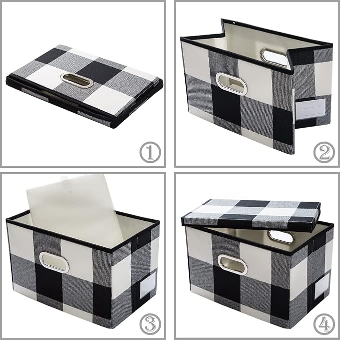 PRANDOM Collapsible Storage Bin with Lid [3-Pack] Fabric Foldable Storage Box Organizer Container Basket Cube with Cover for Home Bedroom Closet Office Nursery Black and White Grid(14.9x9.8x9.8) - Image 4